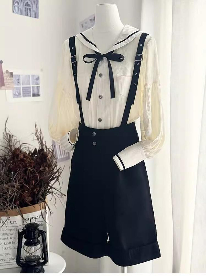 CastleToo - Street Whistle - Bishop Sleeve Ouji Lolita Sailor Blouse, Suspender Shorts Blouse + Suspenders + Shorts + Collar Bow Free Size