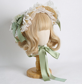 Xiaogui~Sweetie Zhi Fan~Country Lolita Lace French Straw Hat no restriction on head circumference, with fixing clip grass green 