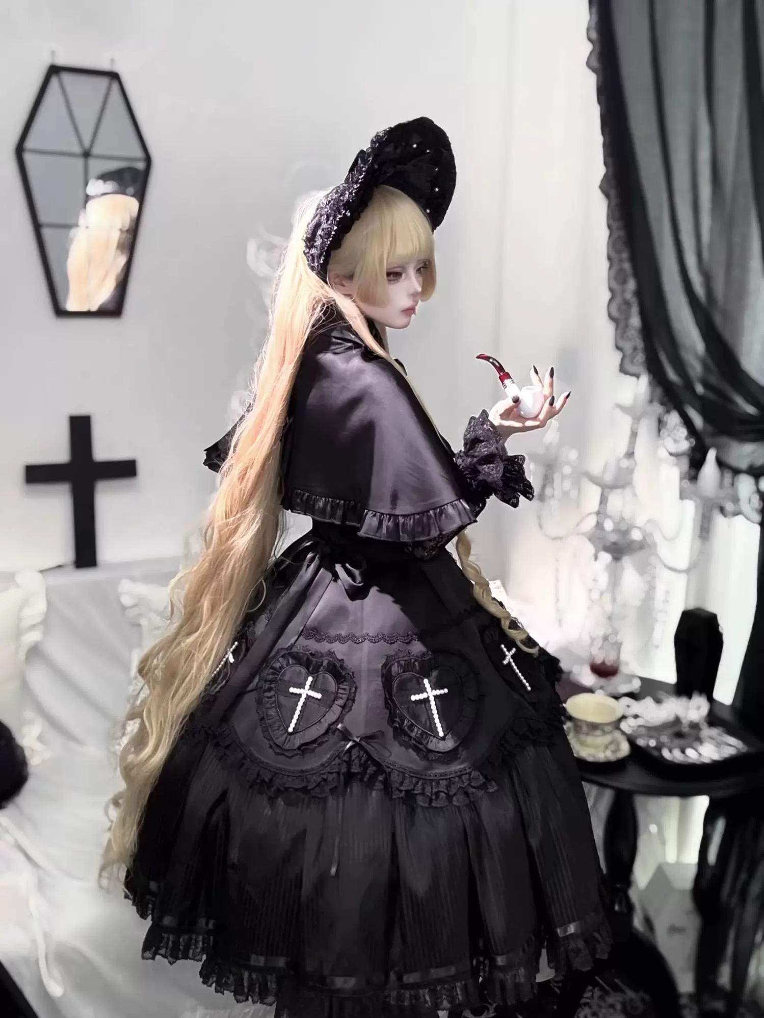 Nocthymn Cross - Gothic Lolita OP Dress with Pearled Cross, Detachable Sleeves 45813:863463