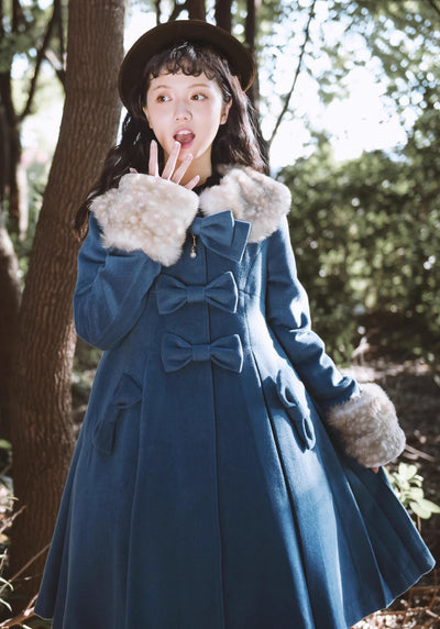 Unideer~Winter Lolita Coat Wool Bow Overcoat S Fog Blue 