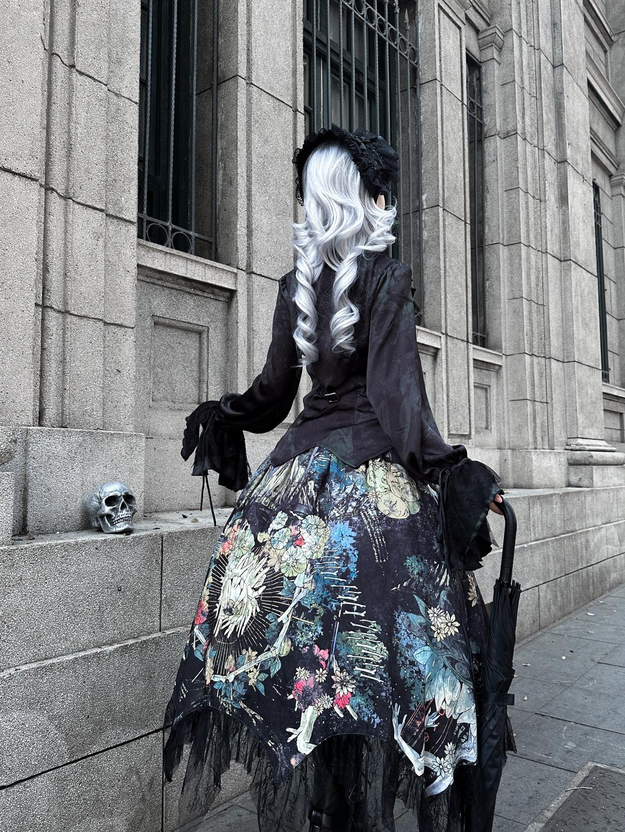 Bone Garden - Printed Gothic Lolita Skirt, Boning Corset
