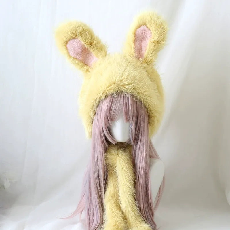 Xiaogui - Sweet Lolita Hat Bunny Ear Plush Warm Headwear M (56-58cm) Bright yellow