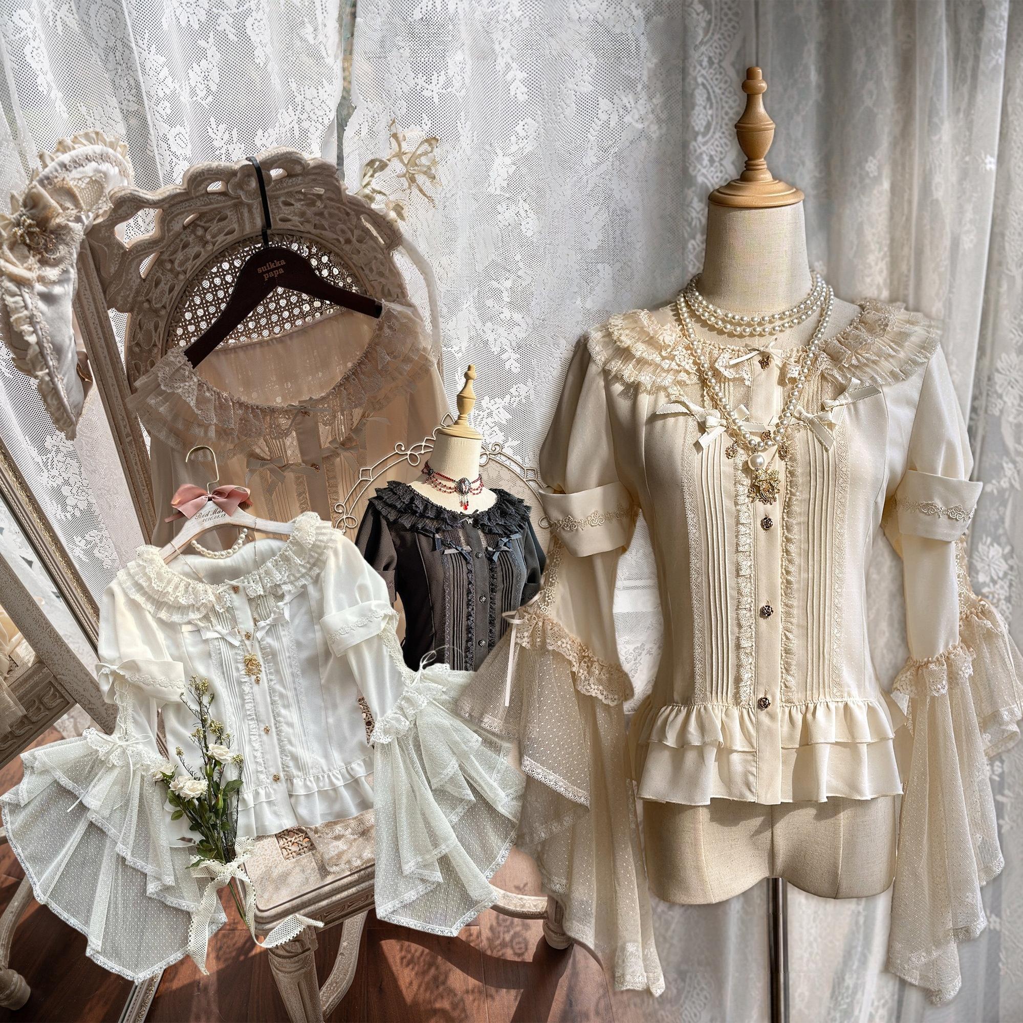 Butterfly Shadow - Elegant Lolita Hime Sleeve Blouse, Rose & Butterfly Button (2XL L M S XL) 44918:828272