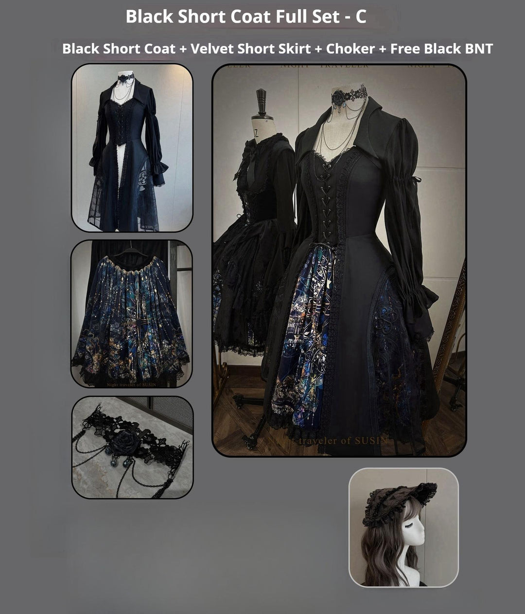 Susin Lolita~Night Traveler~Gothic Lolita Skirt Outfit Long Coat Shirt and Bustier 42118:727516