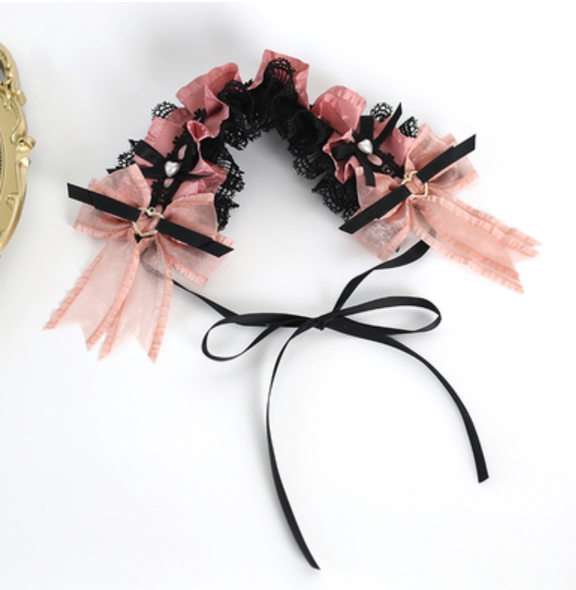 Xiaogui~Sweet Lolita Black and Pink Lace Hair Clips, KC and Small Top Hats No.6 black pink yarn headband(with a retaining clip)  