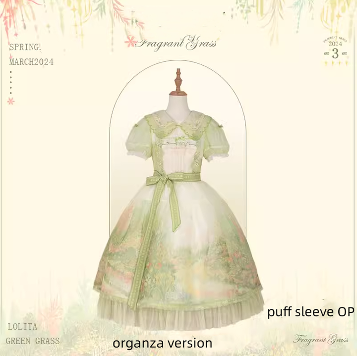 Flower and Pearl Box~Wild Flowers and Fragrant Grass~Country Lolita Dress Floral Print JSK and OP Dress Set (L M S XL XS) 35380:486616