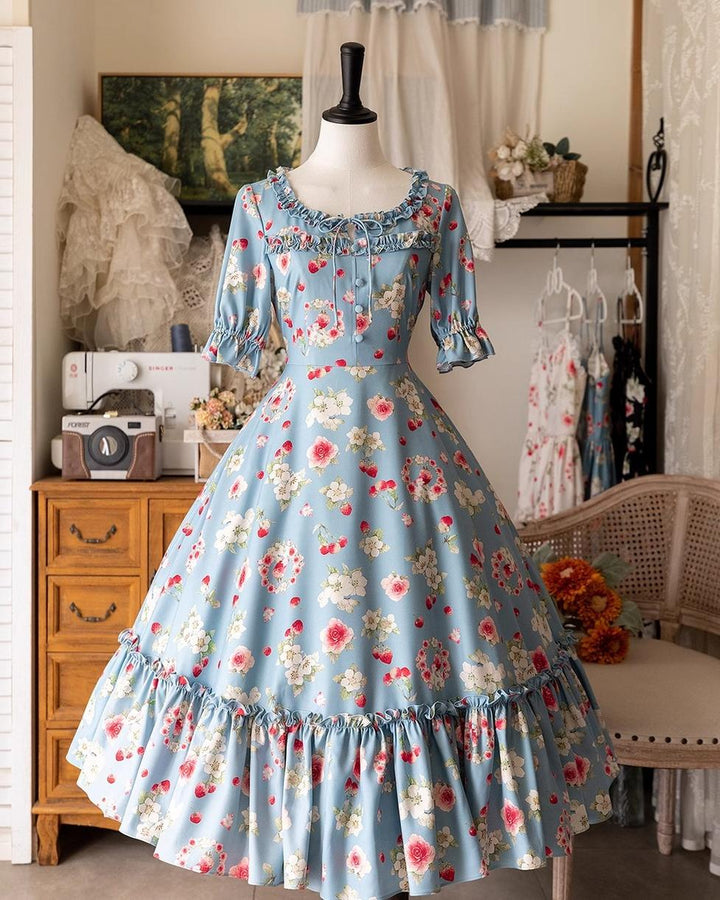 Forest Wardrobe~Summer Berry Picture Book~Vintage Lolita OP Dress Floral Print Short Sleeve Dress   