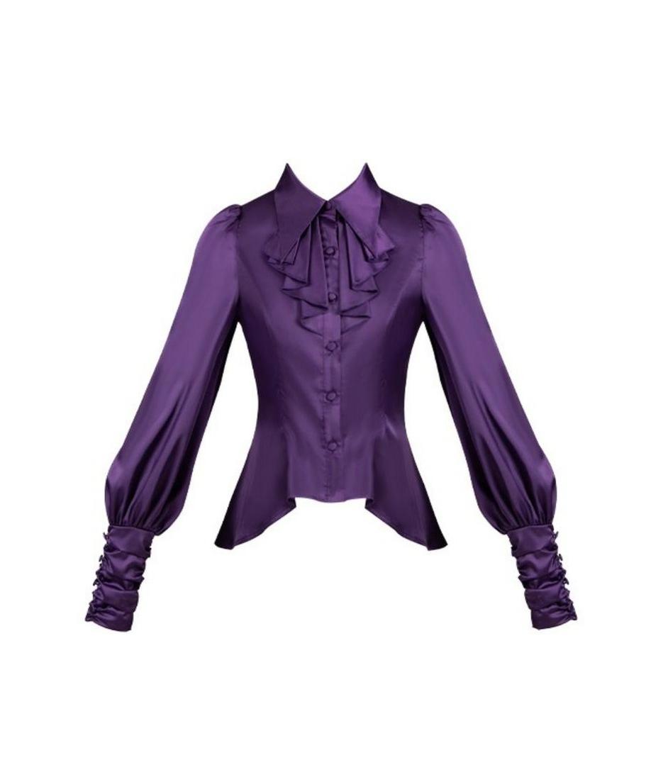 With PUJI~Thorn Night~Gothic Lolita Satin Shirt Solid Color Fake Two-Piece Blouse