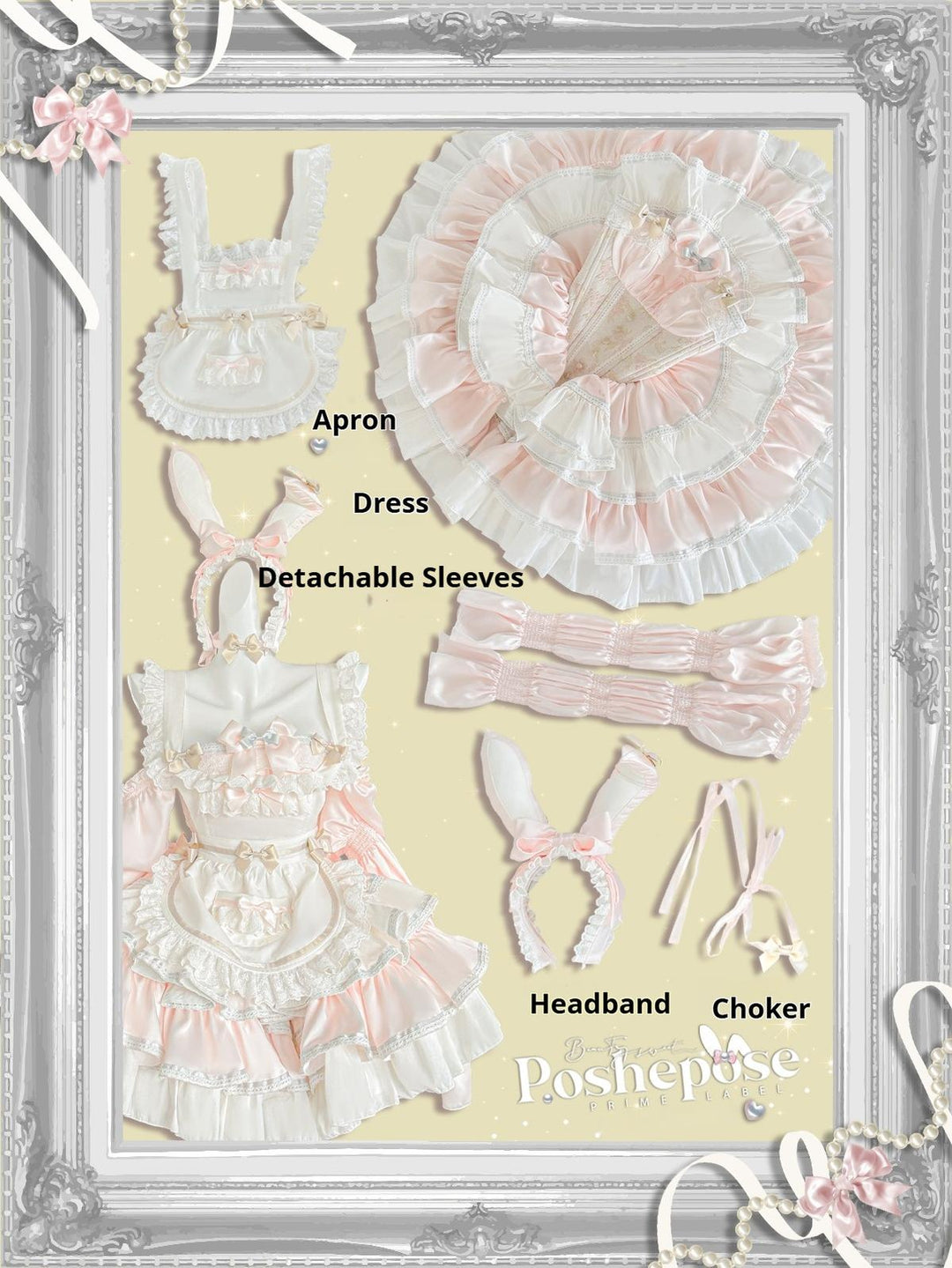 POSHEPOSE~Maid Bunny~Gorgeous Sweet Lolita OP Dress with Detachable Sleeves and Apron (F L M S XS) 41664:720534