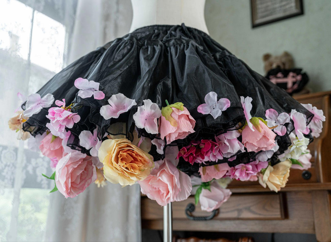 Sky Rabbit~Floral Lolita Petticoat with Detachable Trim Black X Pink Free size Double-layer Petticoat - 35 cm (2 petticoats included)