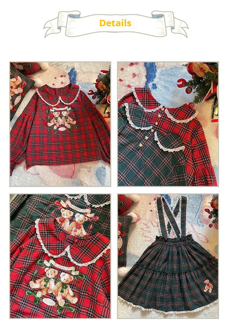(BFM)Labeau~Christmas Vintage Lolita Skirts Doll Collar Blouse Plaid Skirt Set 37322:555782