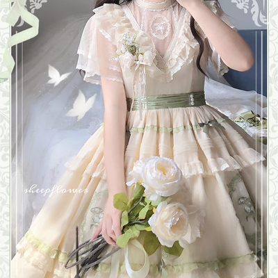 Nectarine White Tea~Elegant Lolita Beige Flower Print Dress   
