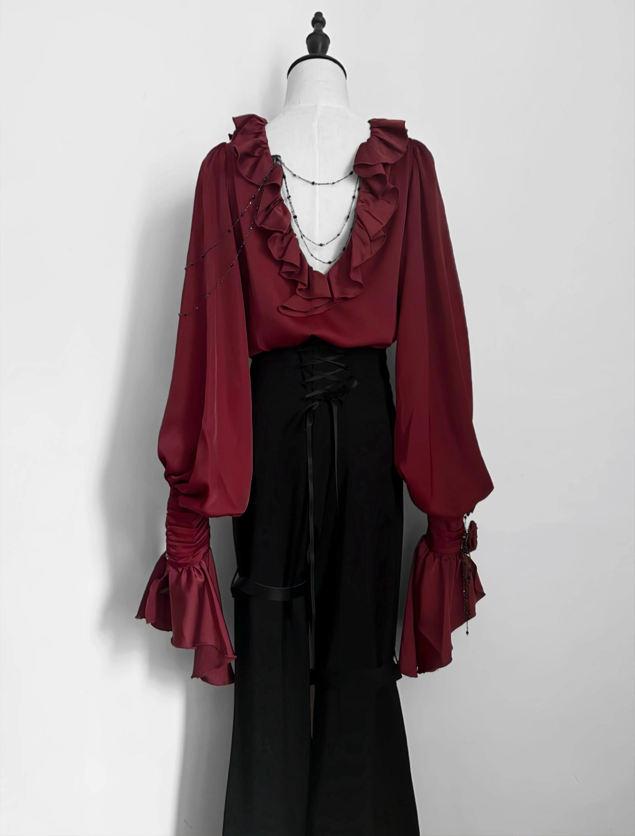 Ouji Lolita V-Line Backless Blouse & Slight Flare Pants 45671:858338