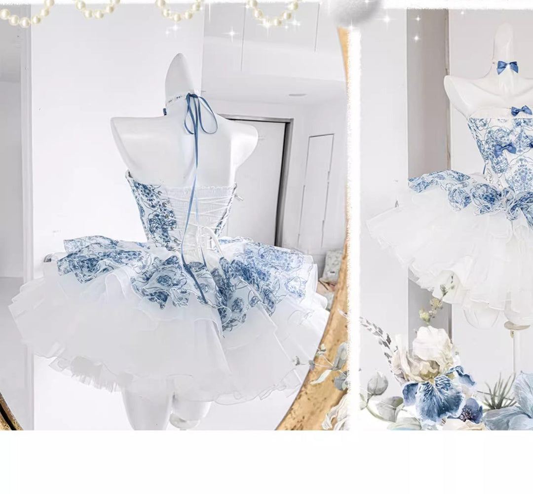 POSHEPOSE~Blue and White Porcelain~Princess Lolita Cake Skirt JSK Dress Plush Cape