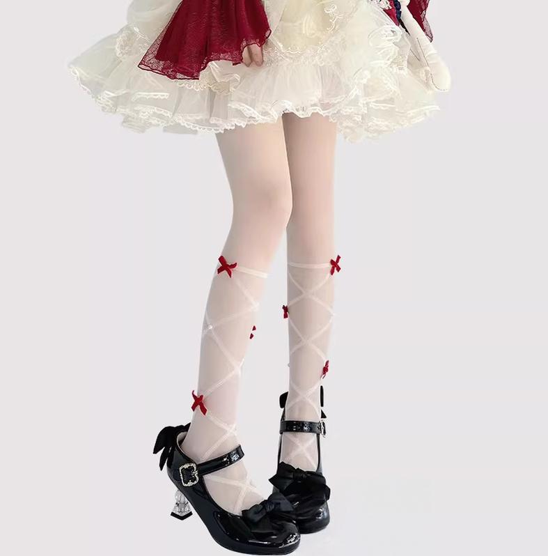Daily Lolita Summer Pantyhose, Delicate Bows Red Bows One Size