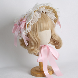Xiaogui~Sweetie Zhi Fan~Country Lolita Lace French Straw Hat no restriction on head circumference, with fixing clip light pink 