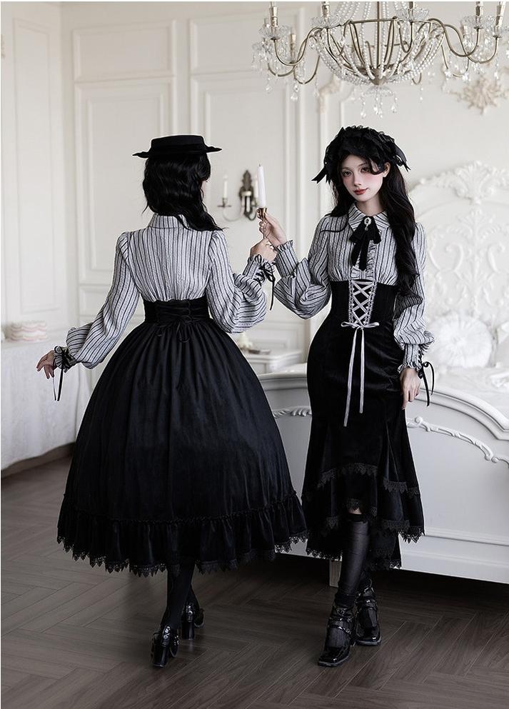 Dusk Moment - Classic Lolita Striped OP & Mermaid Dress Set, Fishbone Waist 44498:810745