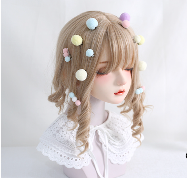 Xiaogui~Bared Sweet Lolita Accessory Pink and Blue Pompom Hair Clip   