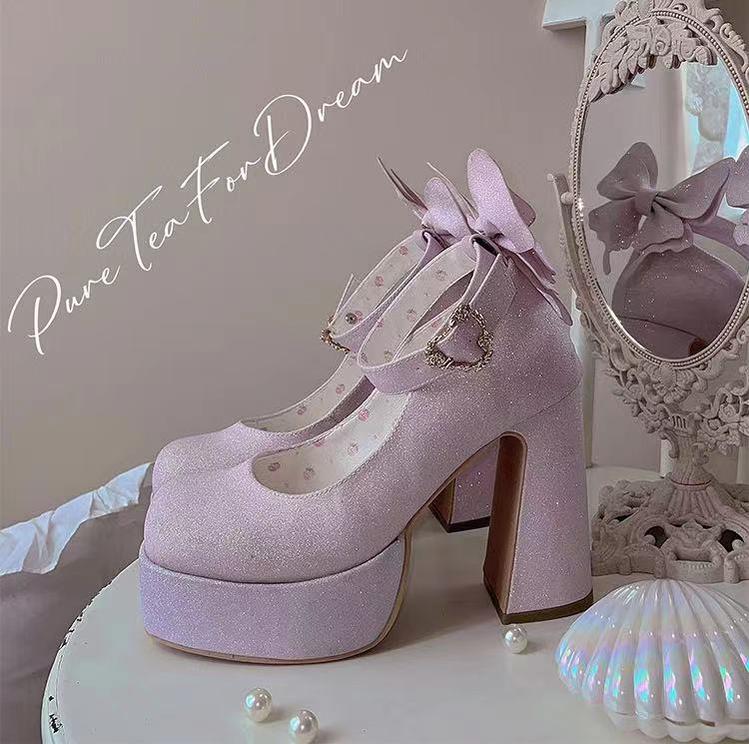 Pure Tea For Dream~Untouchable Butterfly~Elegant Lolita Heels Lolita Shoes PU Shining Platform 34 Shiny Pink (High-Heel) 