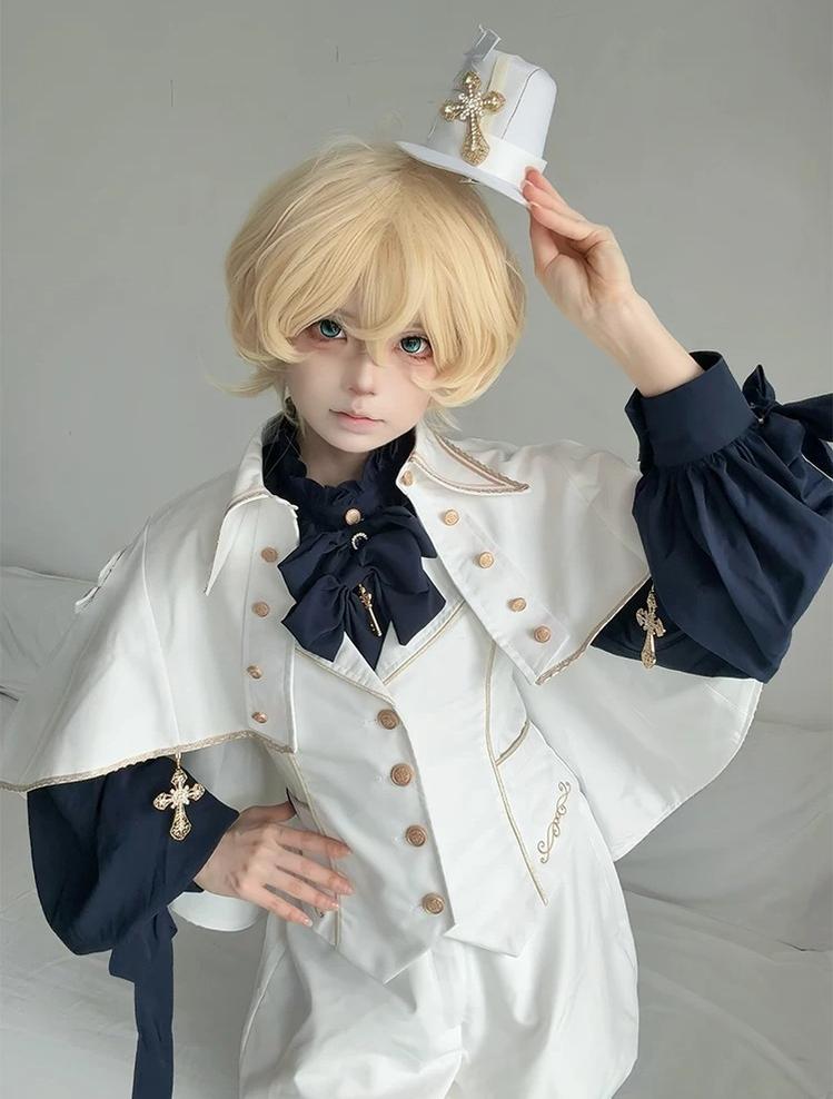 Fallen Holy Star - Ouji Lolita Ruffled Chiffon Blouse & Cape Set, Elastic Shorts 45816:863703