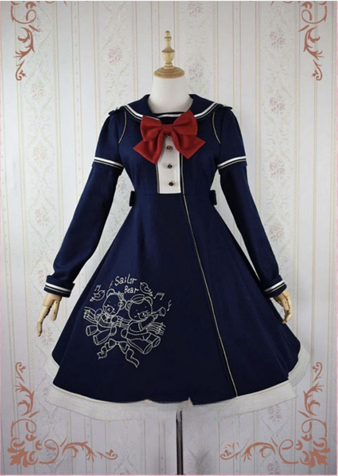Strawberry Witch~Christmas Winter Lolita Coat New Year Embroidery Woolen Overcoat S Navy blue with red bow tie 