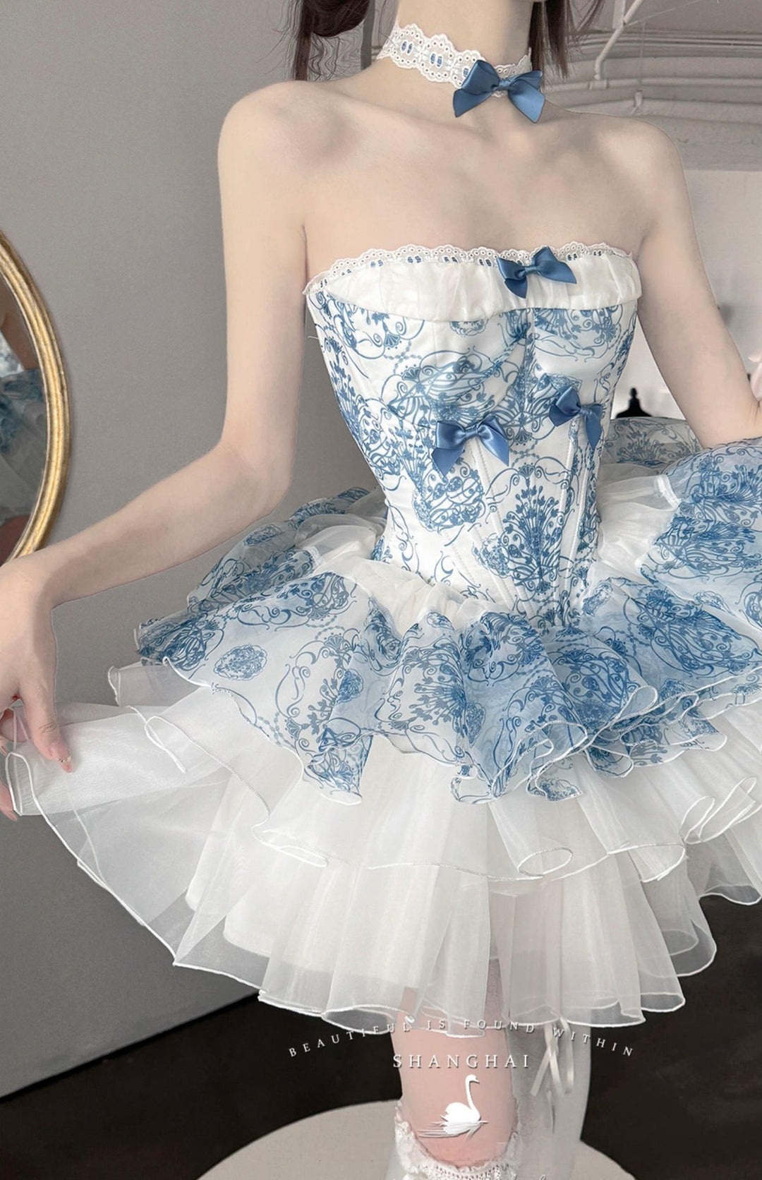 POSHEPOSE~Blue and White Porcelain~Princess Lolita Cake Skirt JSK Dress Plush Cape