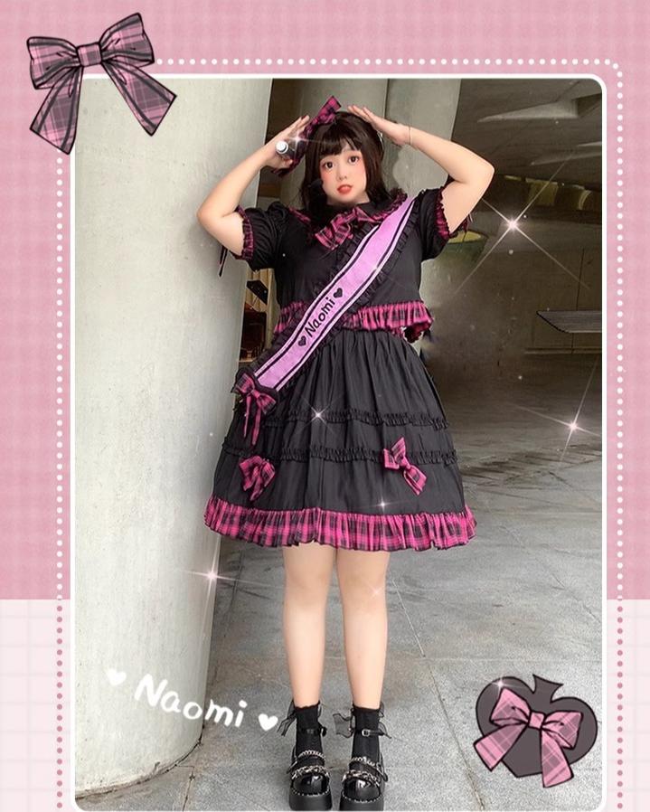 Niu Niu~Nao Mi~Plus Size Lolita Skirt Set Short Sleeve Shirt Plaid Print M pink sash 