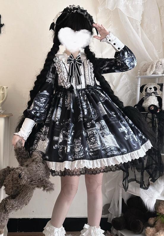 Antique Cat - Printed Gothic Lolita Dress, A-line Silhouette