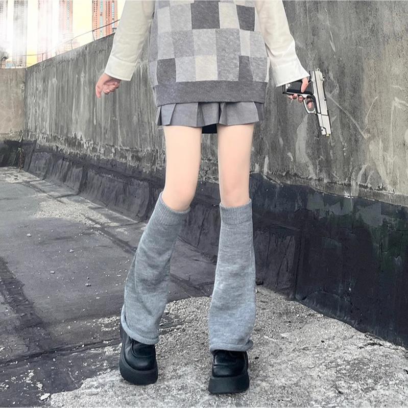Hua Nai Cat - Winter Lolita Knit Leg Warmer Mid-Calf Socks One Size Grey - 50cm roll rim-with free anti-slip transparent band
