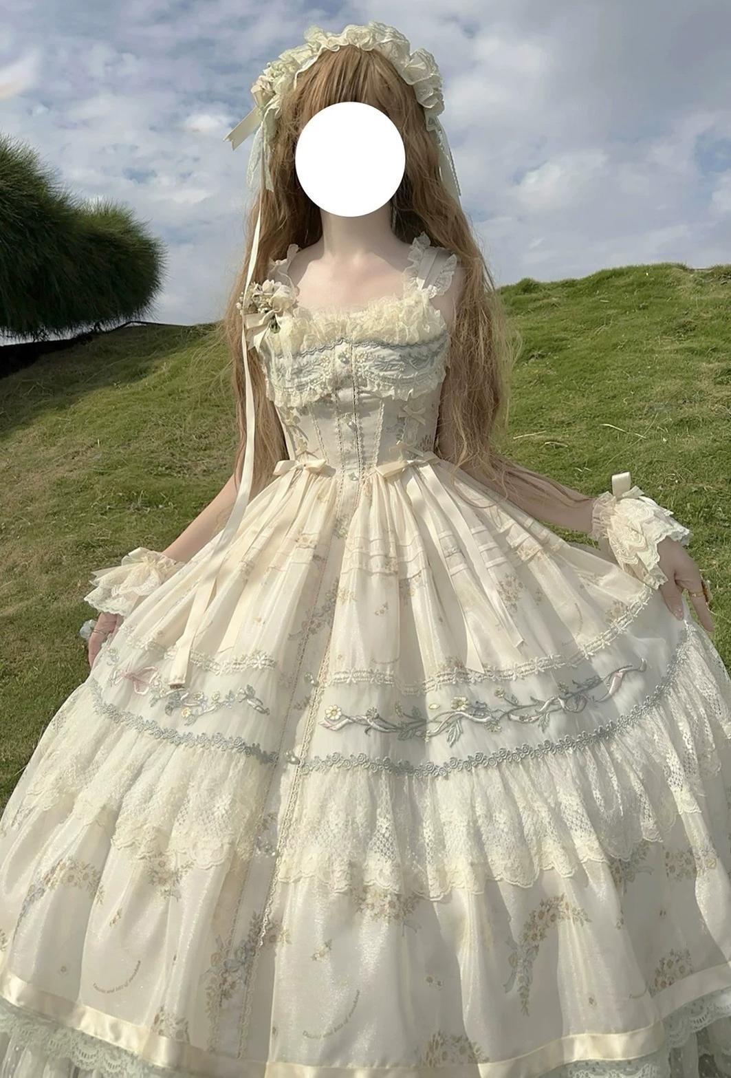 Daisy Poetry - Classic Lolita Lace JSK & OP Dress, Daisy Print and Embroidery 45825:864050