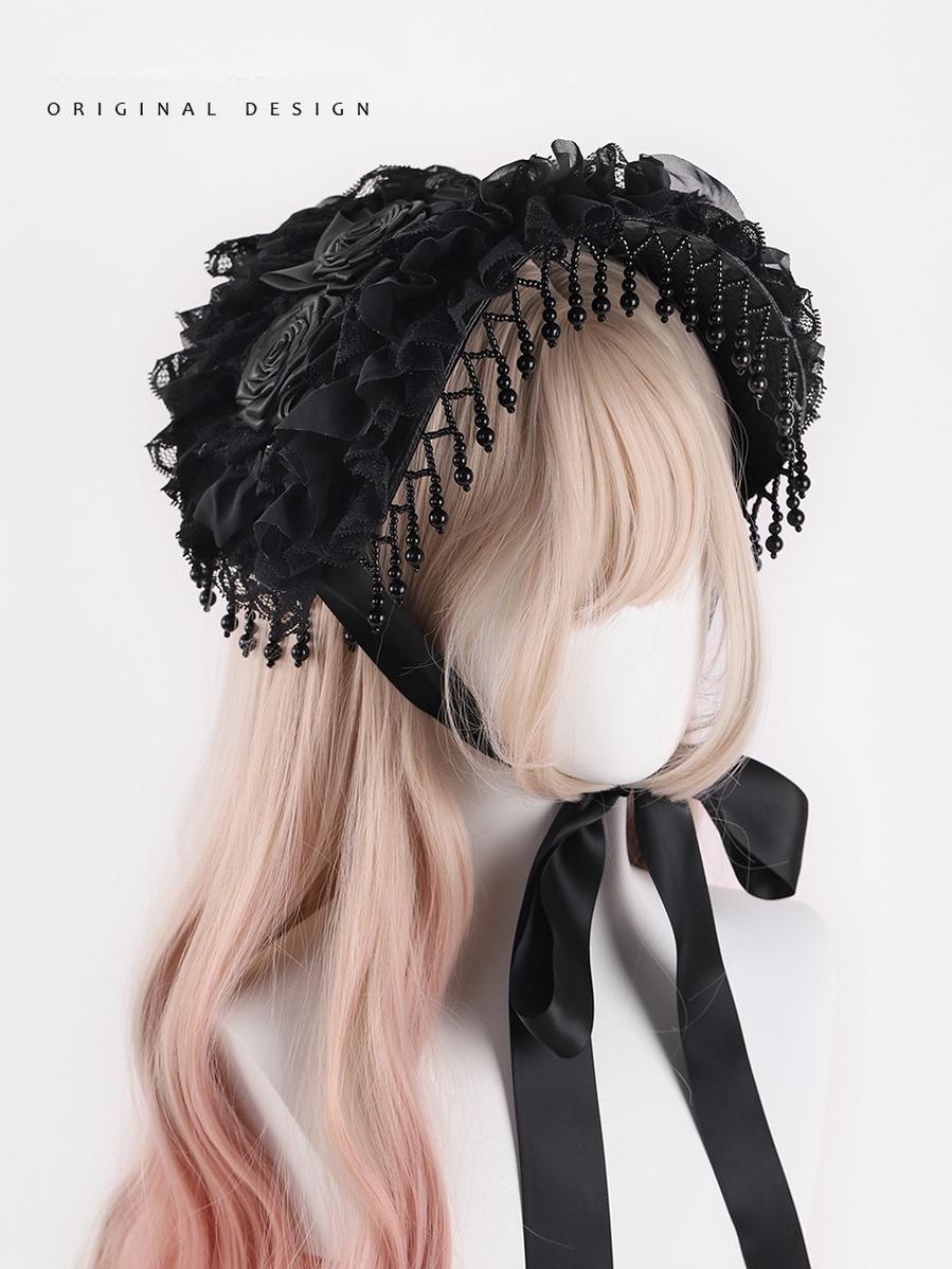 The Accessories' Story - Gothic Lolita Black Hat, Rose & Bead Tassels