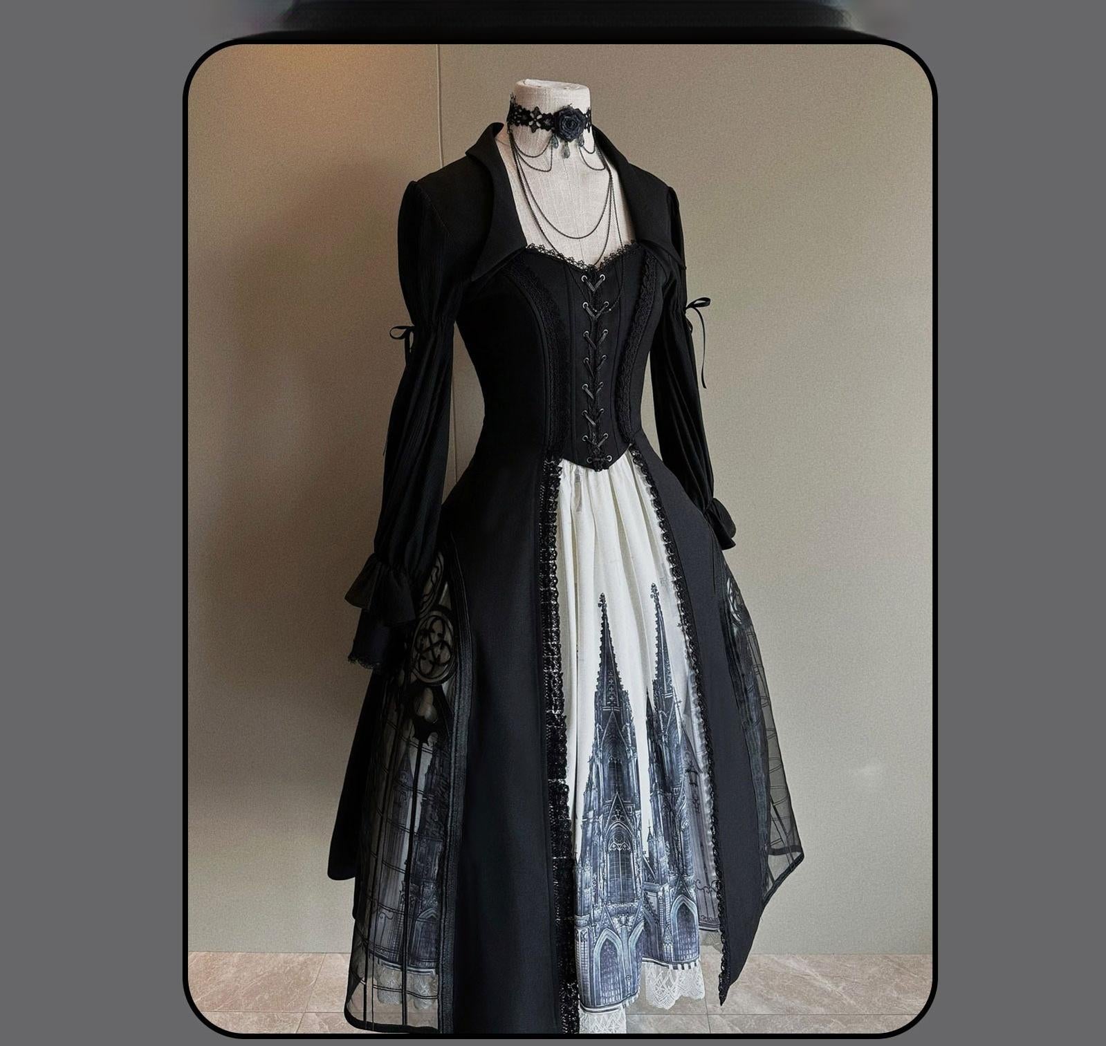 Susin Lolita - Night Traveler - Gothic Lolita Skirt Outfit Long Coat Shirt and Bustier Set 42118:727568
