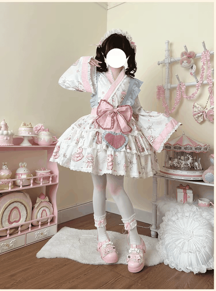 Niu Niu~Showa Moe Bear~Plus Size Wa Lolita Dress Set Kawaii Lolita SK Suit