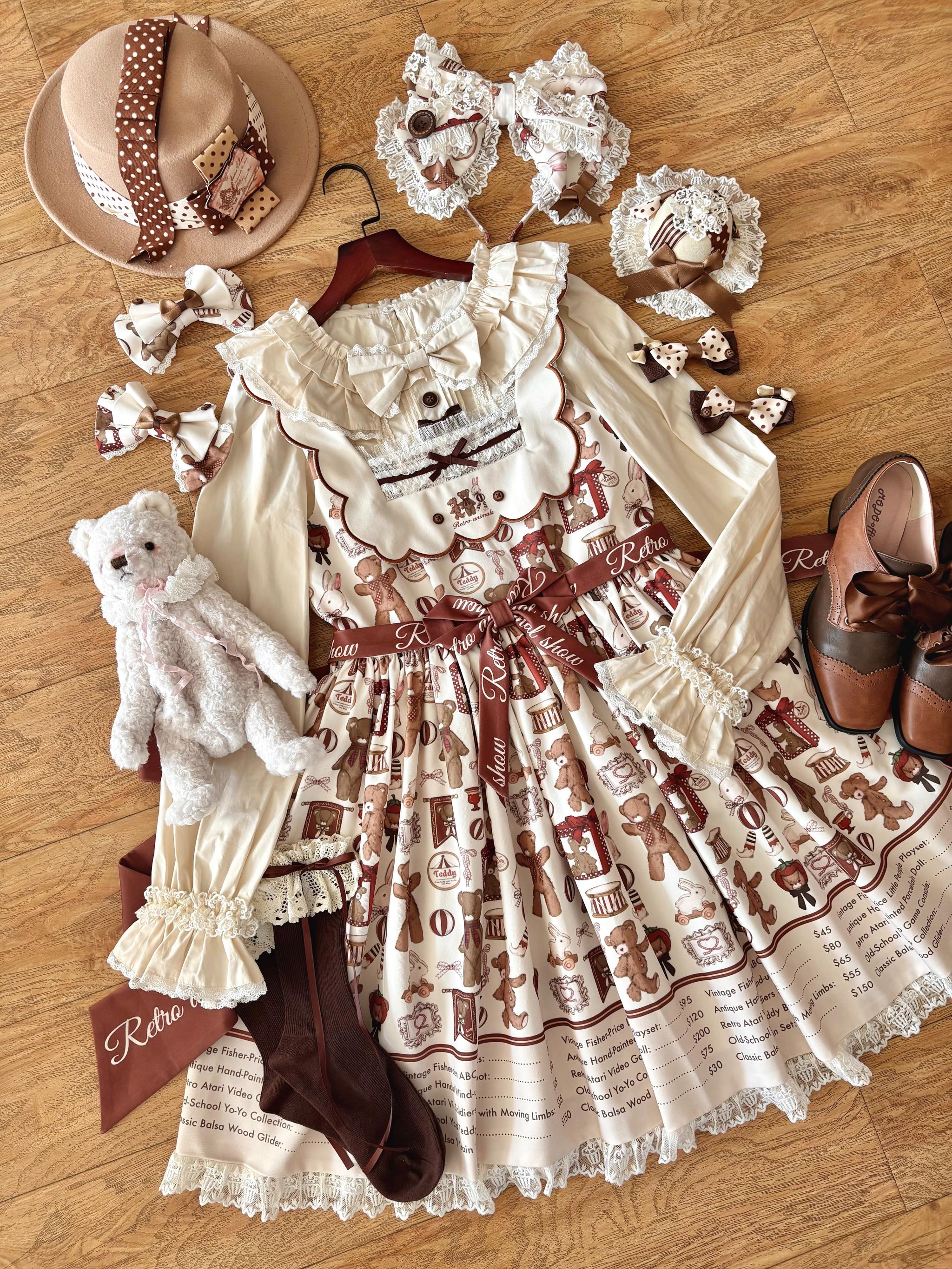 Fairyfaith - Little Bear Daily - Kawaii Lolita Embroidered JSK & OP Dress, Bear Print 44384:806259