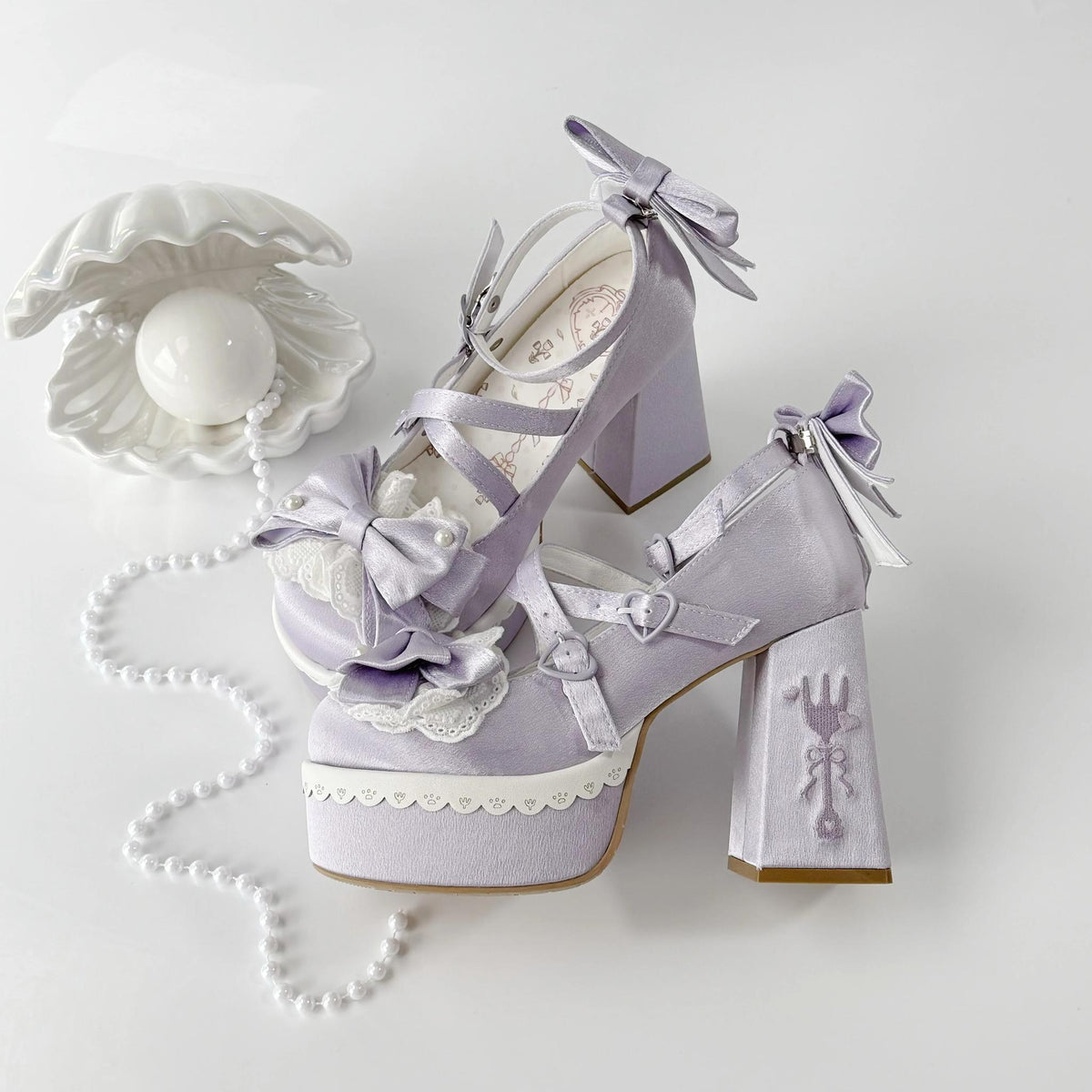 Tea Party Tale - Sweet Lolita Platform Heels, Bow Strap & Fork Embroidery (Purple / 34 35 36 37 38 39 40 41) 45905:867662