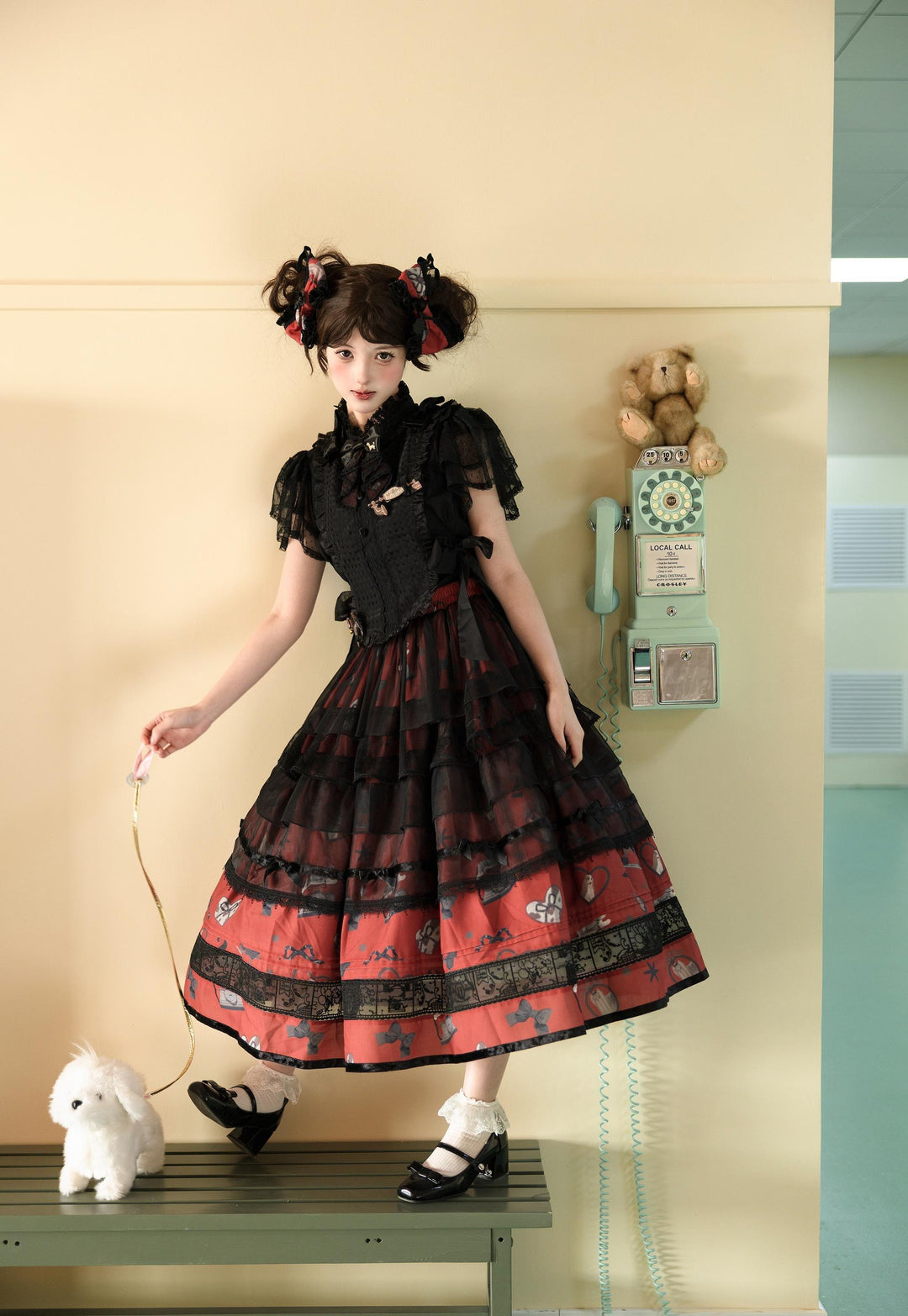 LittlePlum~Telephone Dog~Black Red Classic Lolita Dress Set with OP JSK and Skirt