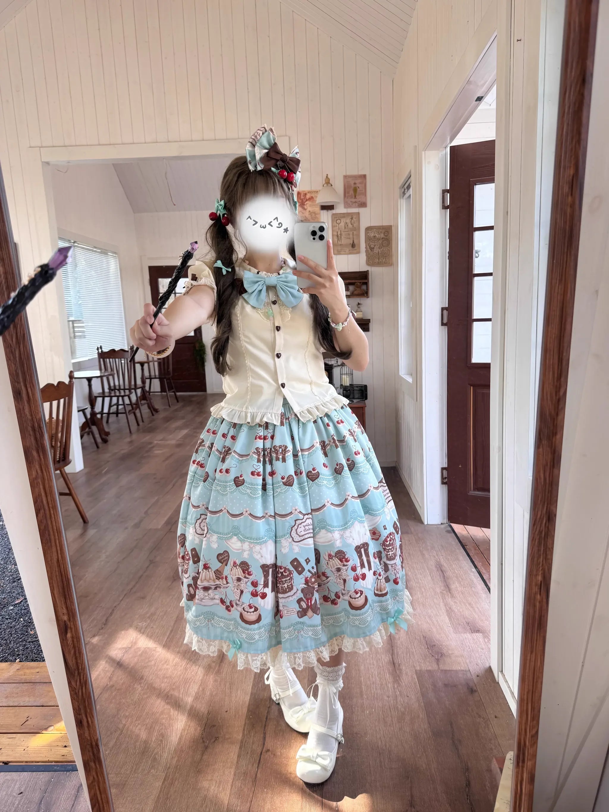 Cherry Choco Bear - Kawaii Lolita Elastic Skirt, Dessert and Cherry Print