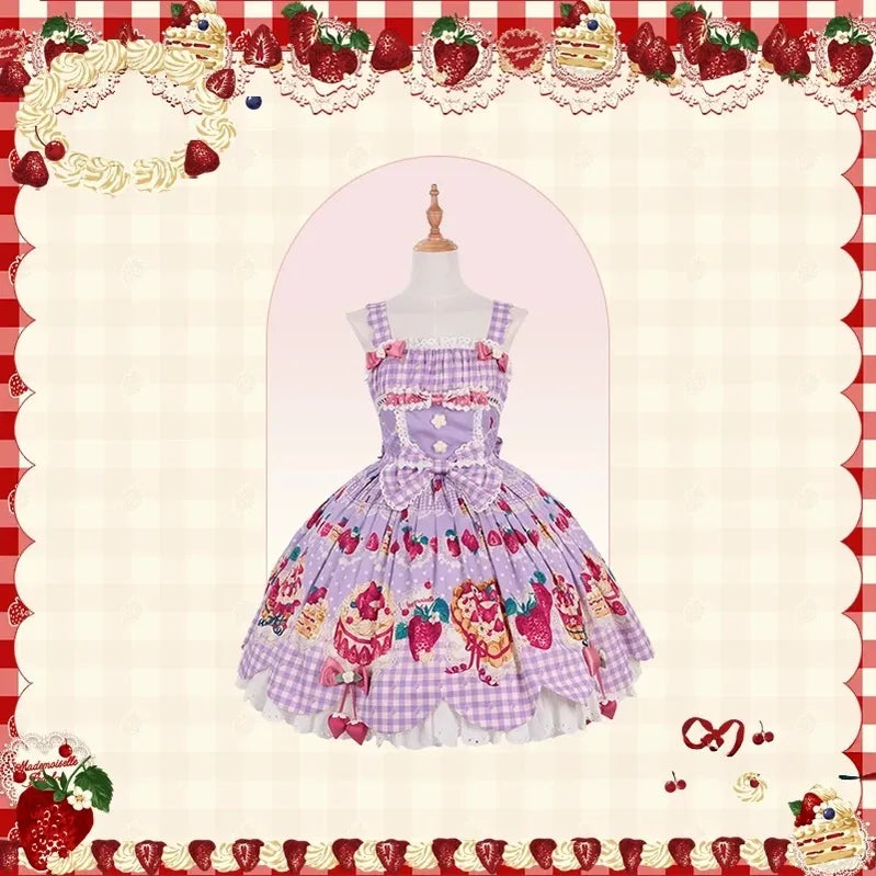 Strawberry Cake Pictorial - Cotton Sweet Lolita Petal Hem JSK, Strawberry Cake Print (L M S XL XS) 45810:863202