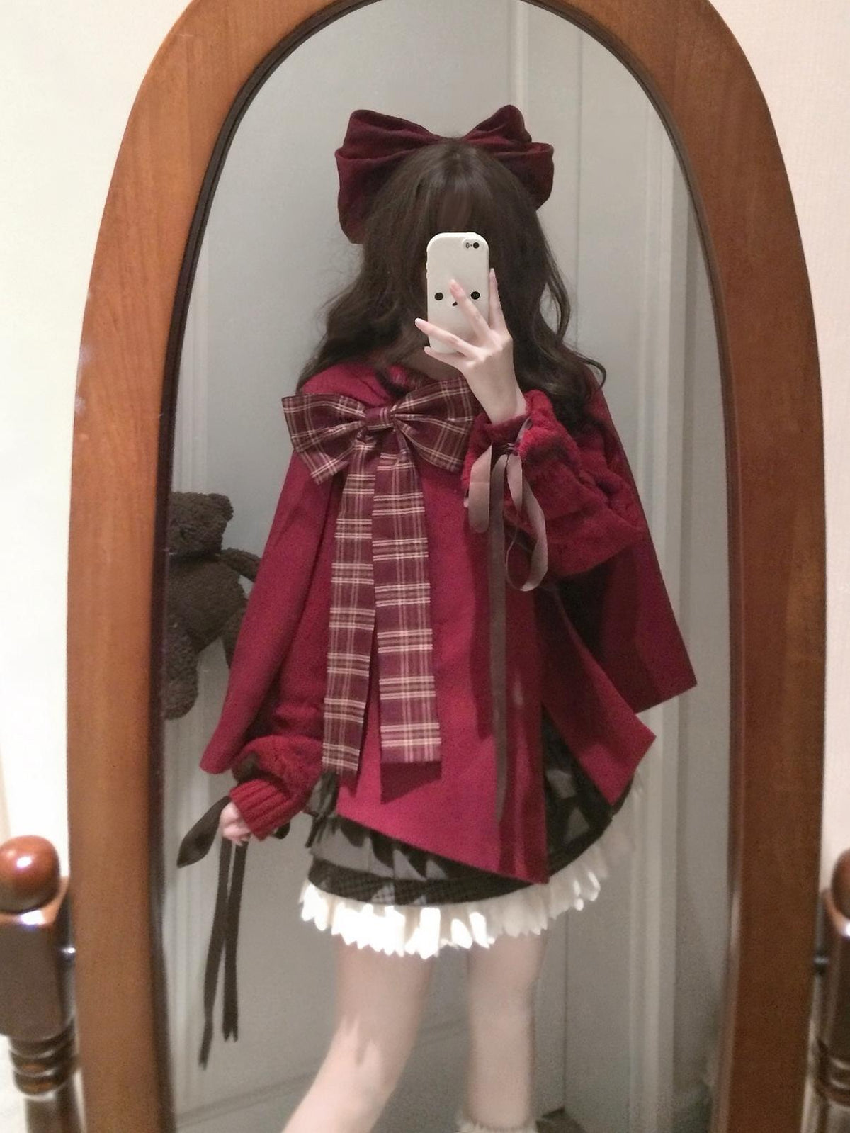 Christmas Lolita Wine Red Cape Coat, Bunny Ear & Plaid Bow