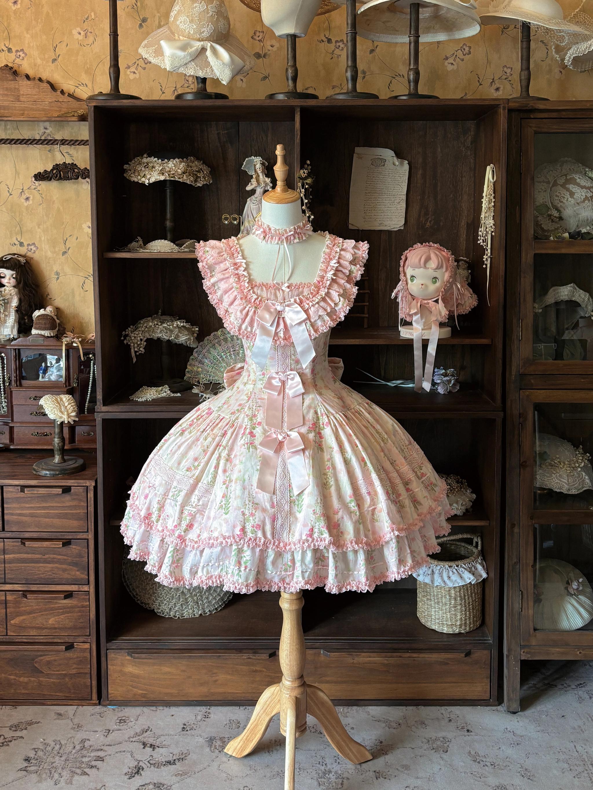 Prologue Rose - Cotton Classic Lolita Pink JSK Dress, Rose Print (L M S) 45828:864116