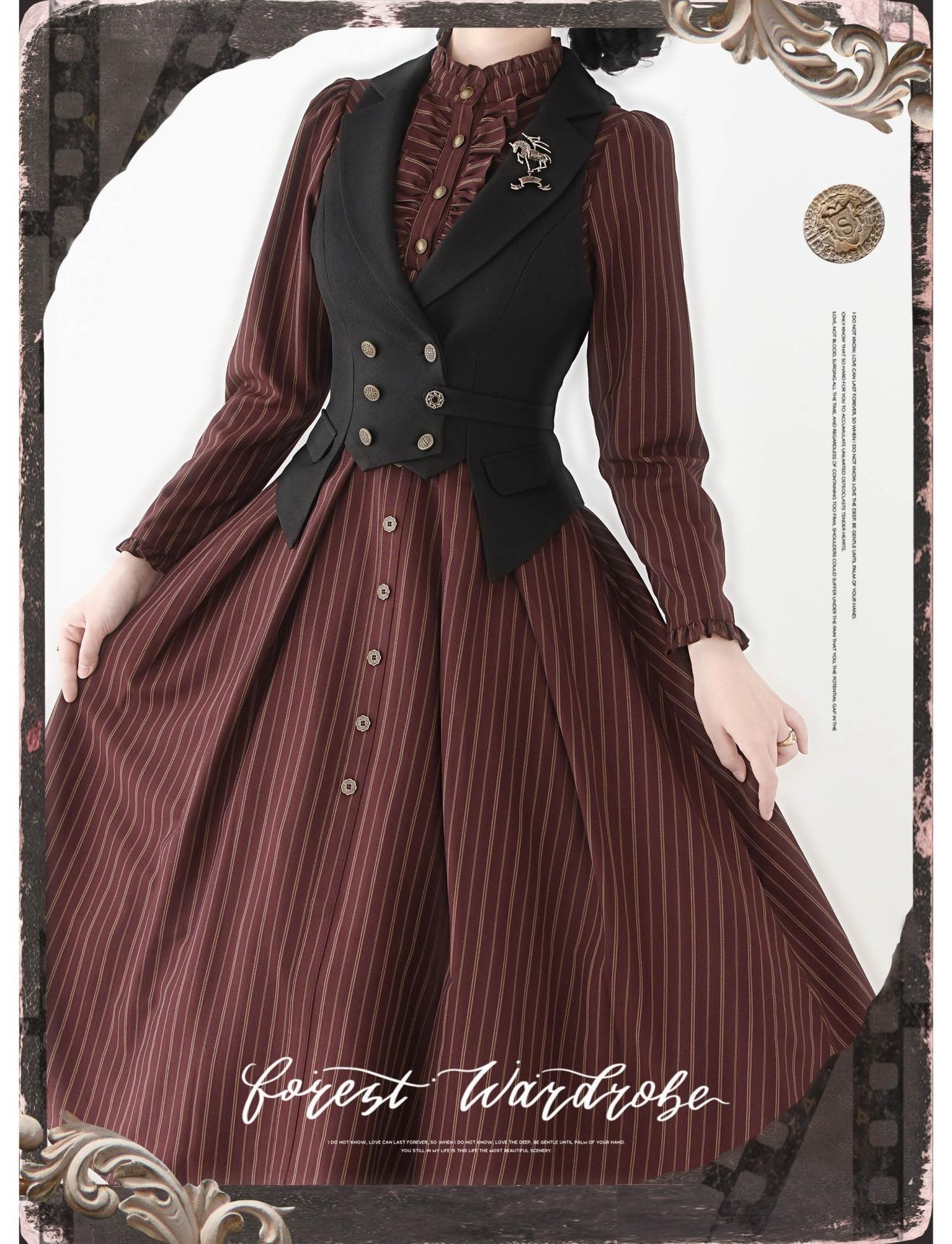 Forest Castle - Classic Lolita Long Striped Dress, Irregular Hem Vest 44441:809894