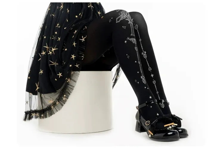 Thorn Cross - Halloween Gothic Lolita Pantyhose, Cross & Heart Chain Print 45946:869177