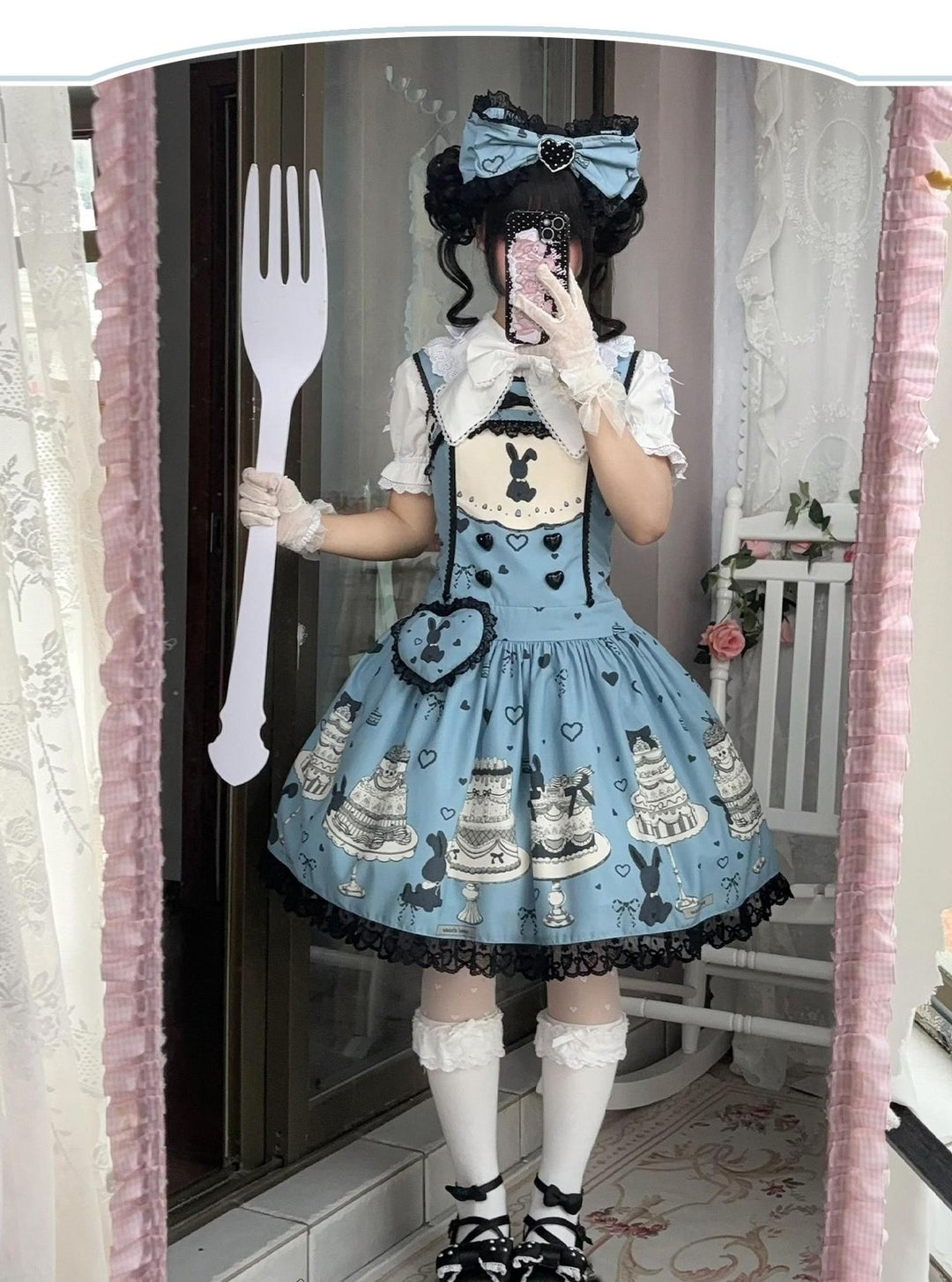 Sweet Dream Sheep - Cake Bunny - Blue Sweet Lolita Dress, Bunny&Cake Print