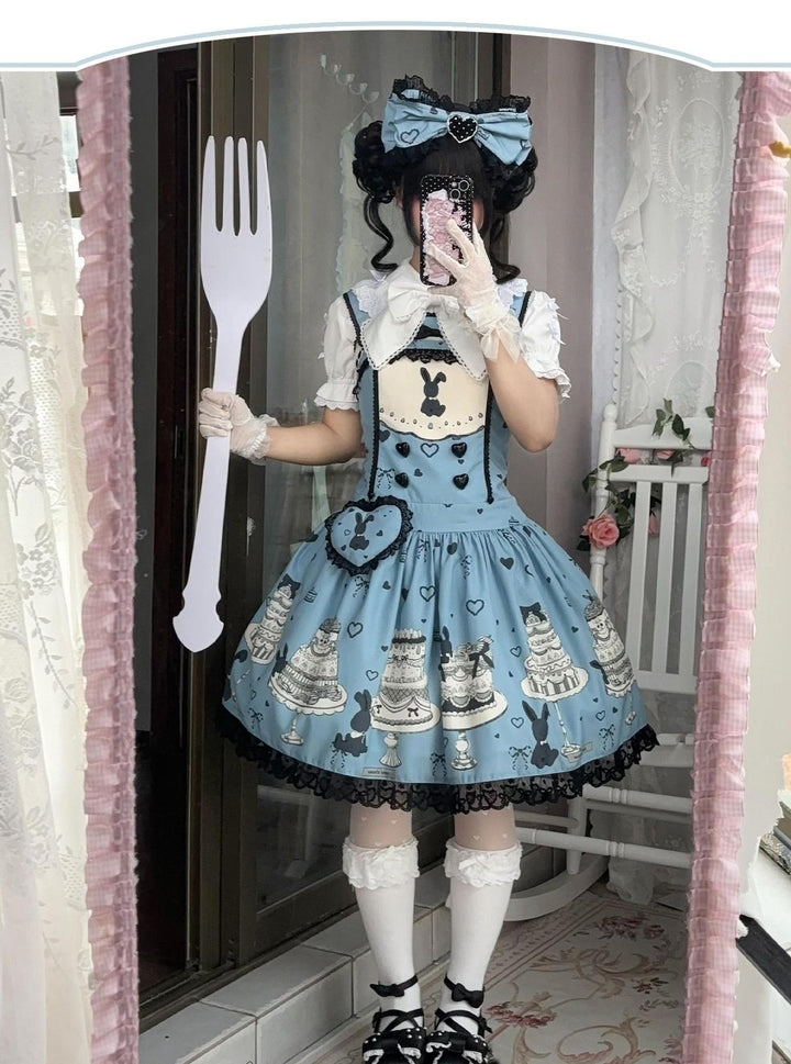 Sweet Dream Sheep - Cake Bunny - Blue Sweet Lolita Dress, Bunny&Cake Print