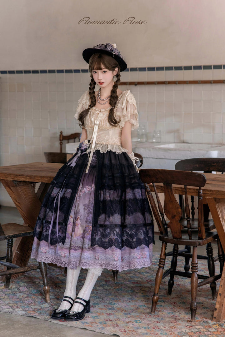 ZUOlanrichen~Romantic Rose~Classic Lolita Shirt with Puffy Sleeves Sheer Skirt Overlay