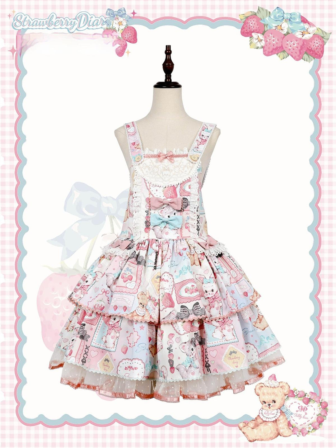 LittlePlum~Showa Strawberry Diary~Sweet Lolita Dress Outfit Printed Showa Era JSK Set Salopette Dress - White x Pink Only S