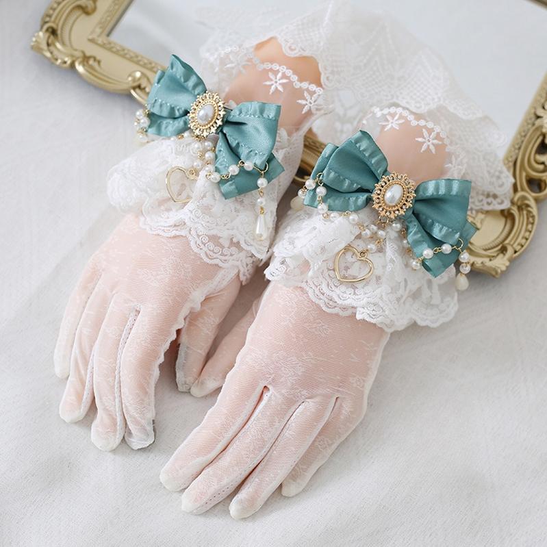 Xiaogui - Vintage Lolita Gloves Lace Bow Bead Chain Sunscreen Gloves elegant blue