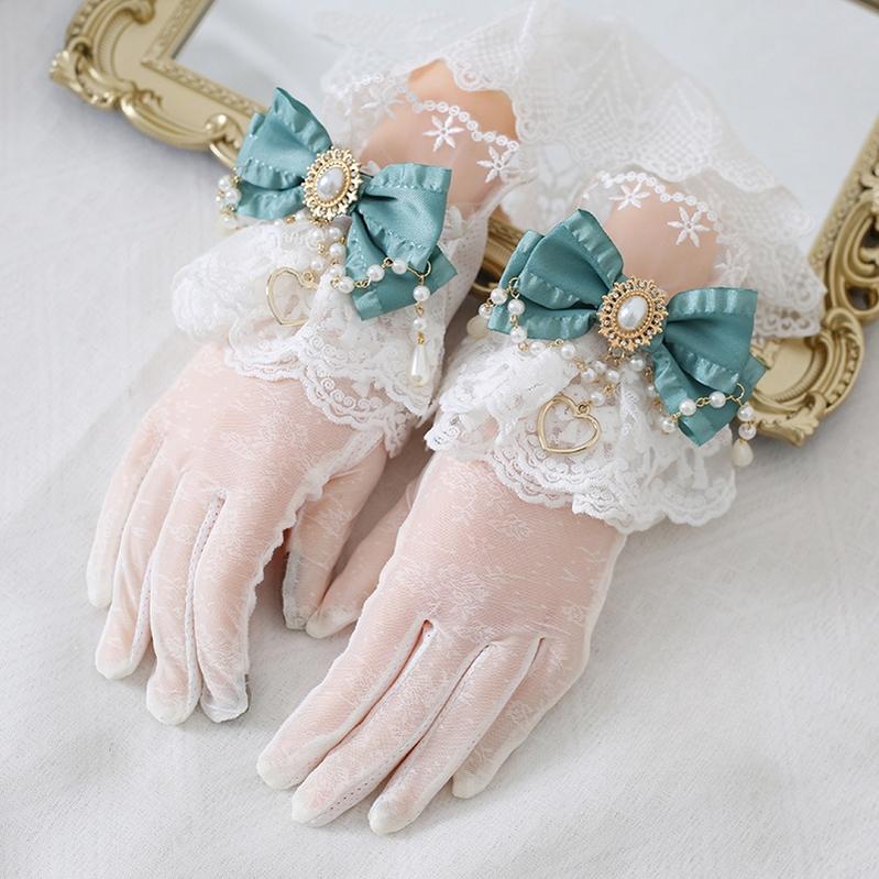 Xiaogui~Vintage Lolita Gloves Lace Bow Bead Chain Sunscreen Gloves elegant blue  