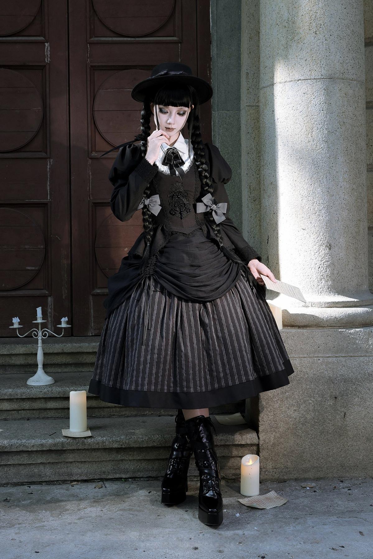 Striped Diary - Gothic Lolita Lift-up Skirt Set, Juliet Sleeve Blouse