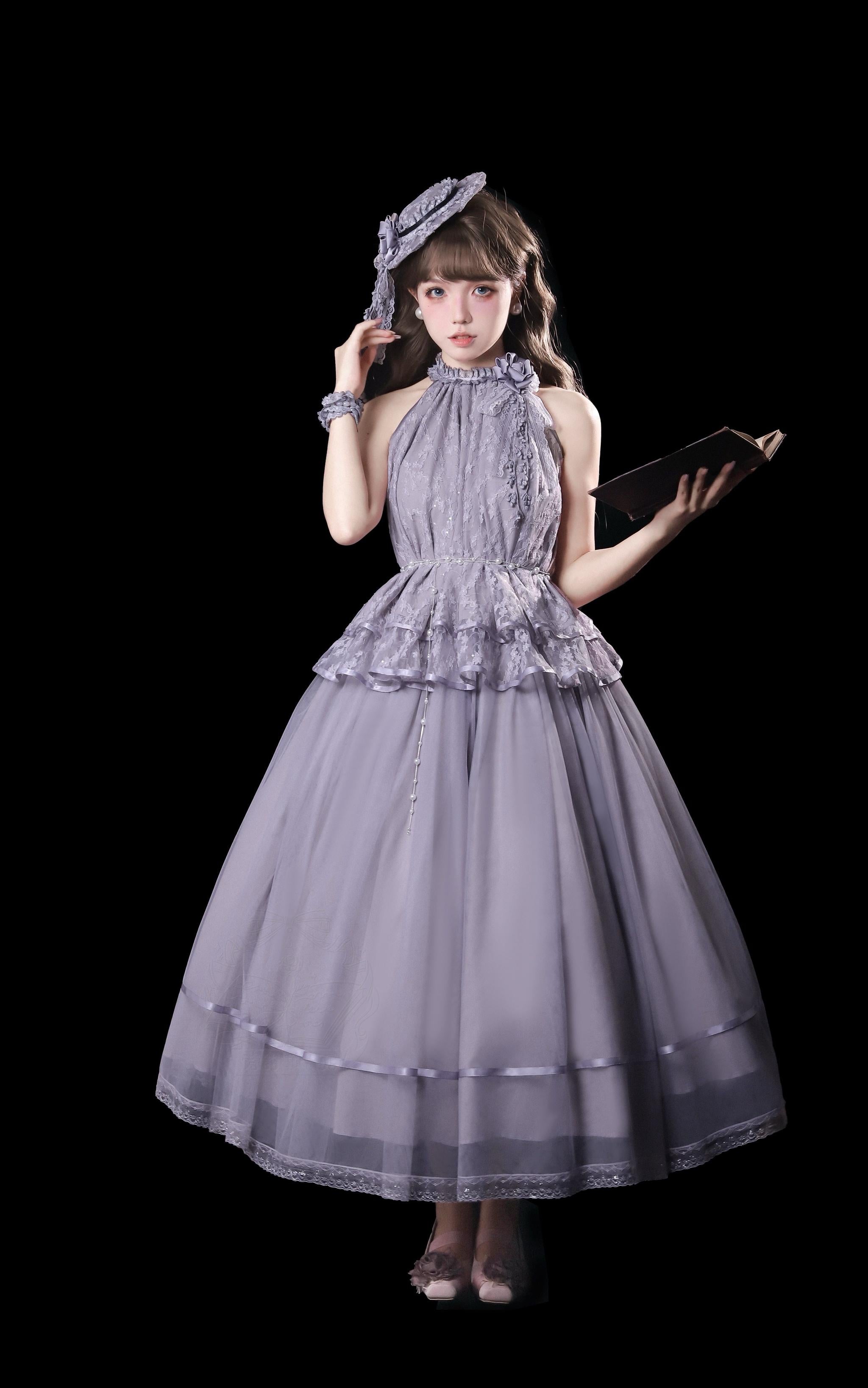 Moonlight Ode - Classic Lolita Lace Halter-neck Blouse & Tulle Skirt Set